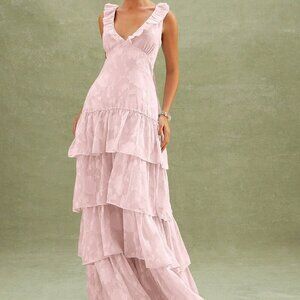 Pink Party Women's Floral Textured Tiered Ruffle Maxi Dress